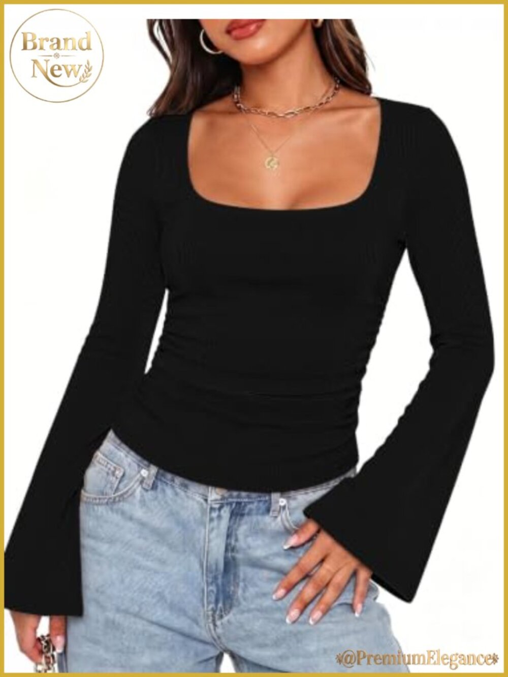 Square Neck Bell Sleeve Ribbed Ruched Long Sleeve Crop Top Y2K Casual Going Out